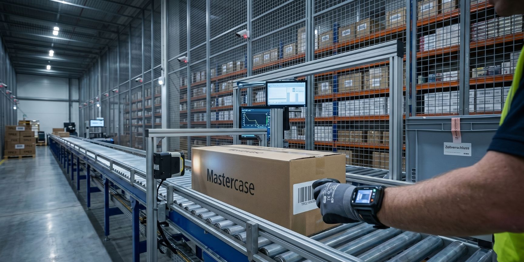 Mitarbeiter-Hand mit Security-Scanner erfasst TPD2-Code auf Zigarettenkarton auf Förderband. Nahaufnahme, Datenbildschirm, Zoll-Dienstsiegel-Hintergrund. SEO.